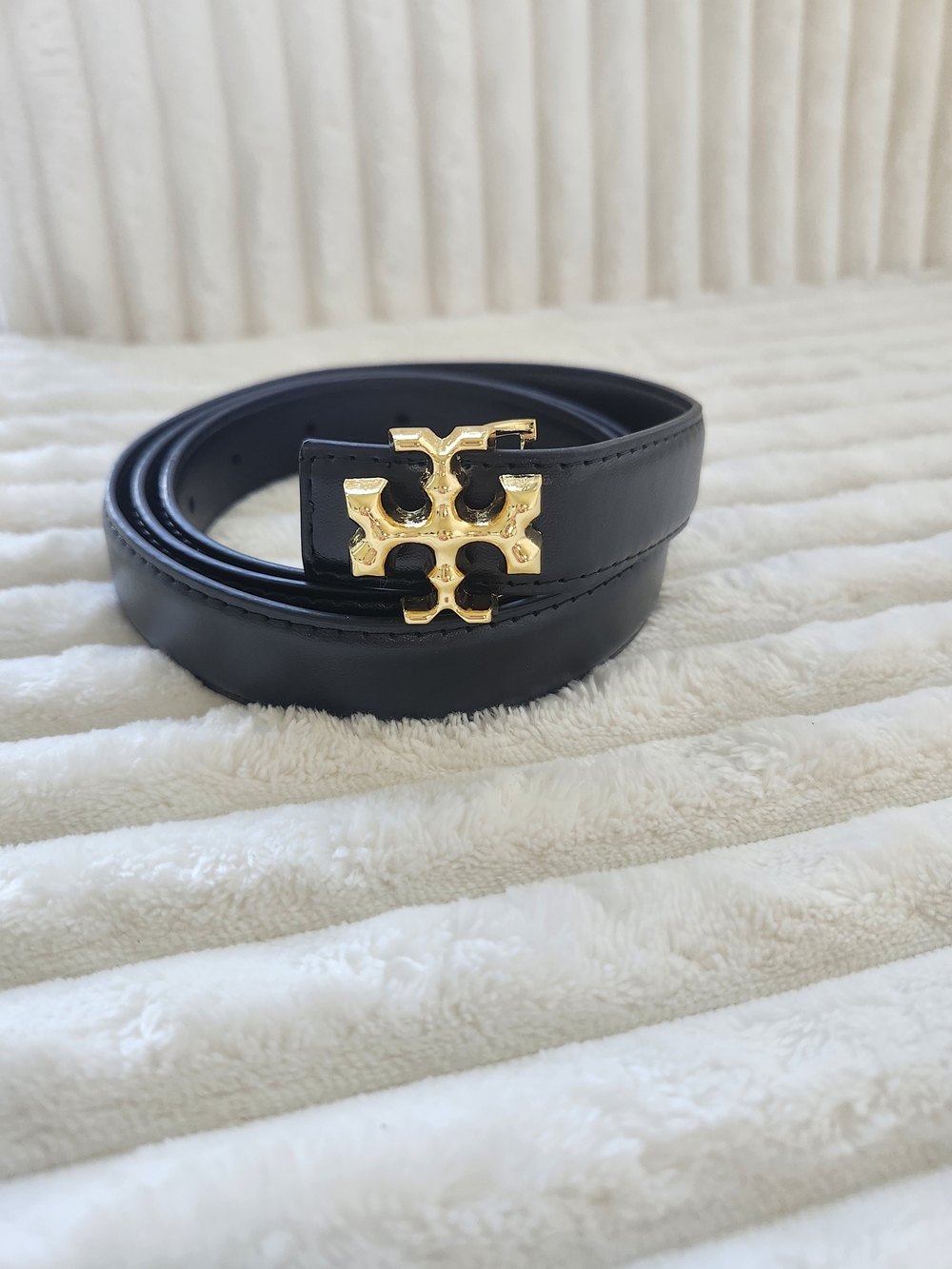 Tory Burch Black Leather Belt Gold Double T Logo Buckle